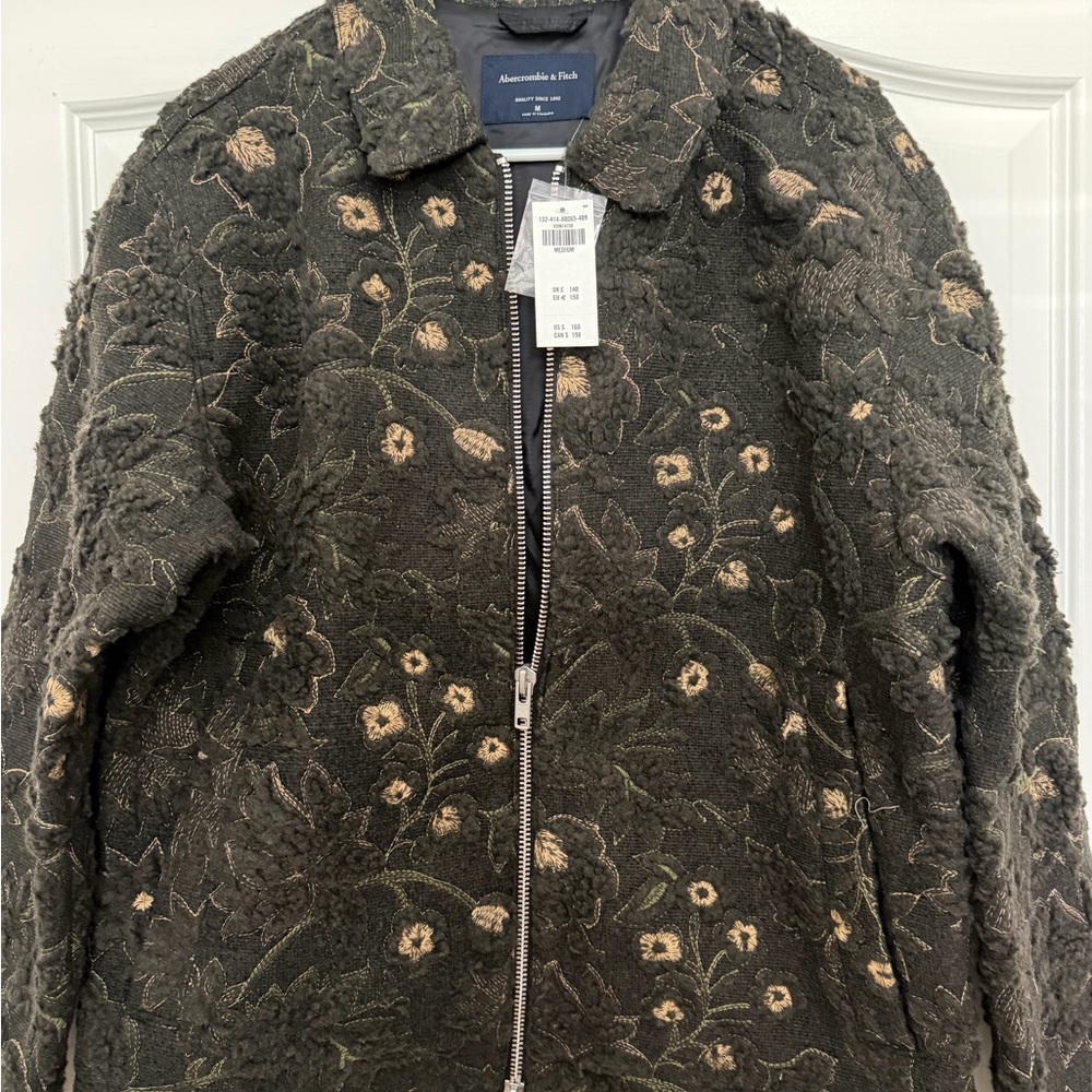 Abercrombie & Fitch Dark Olive Floral Zip Jacket with Tan Embroidery